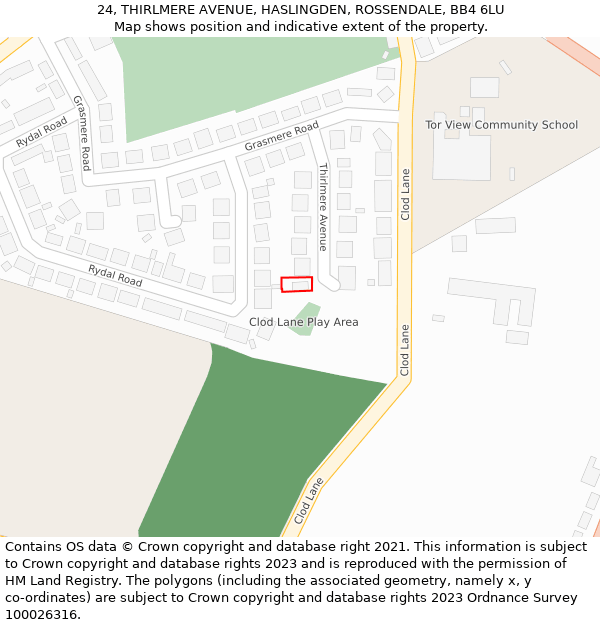 24, THIRLMERE AVENUE, HASLINGDEN, ROSSENDALE, BB4 6LU: Location map and indicative extent of plot
