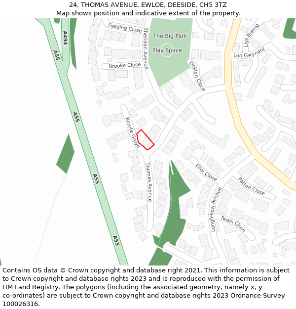 24, THOMAS AVENUE, EWLOE, DEESIDE, CH5 3TZ: Location map and indicative extent of plot