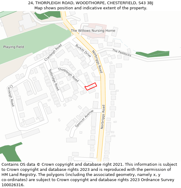 24, THORPLEIGH ROAD, WOODTHORPE, CHESTERFIELD, S43 3BJ: Location map and indicative extent of plot