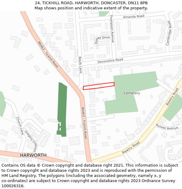 24, TICKHILL ROAD, HARWORTH, DONCASTER, DN11 8PB: Location map and indicative extent of plot