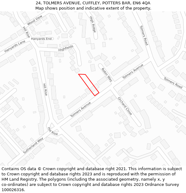 24, TOLMERS AVENUE, CUFFLEY, POTTERS BAR, EN6 4QA: Location map and indicative extent of plot