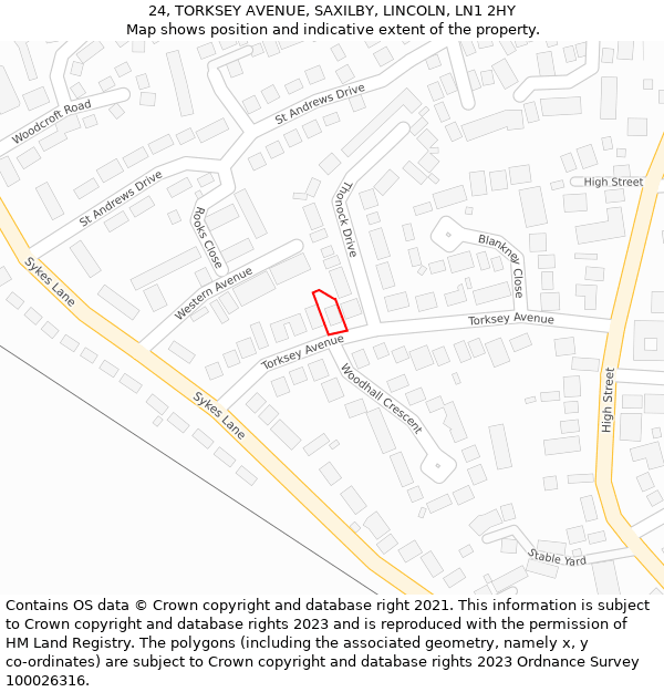 24, TORKSEY AVENUE, SAXILBY, LINCOLN, LN1 2HY: Location map and indicative extent of plot