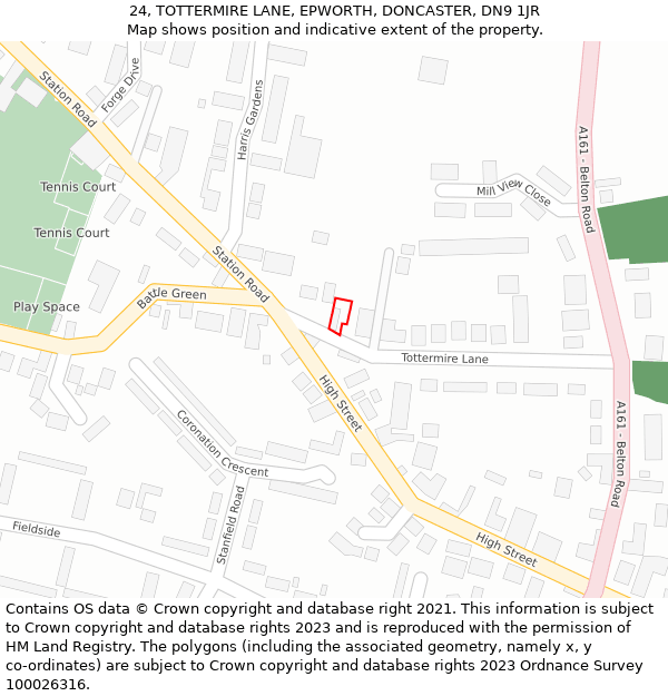 24, TOTTERMIRE LANE, EPWORTH, DONCASTER, DN9 1JR: Location map and indicative extent of plot