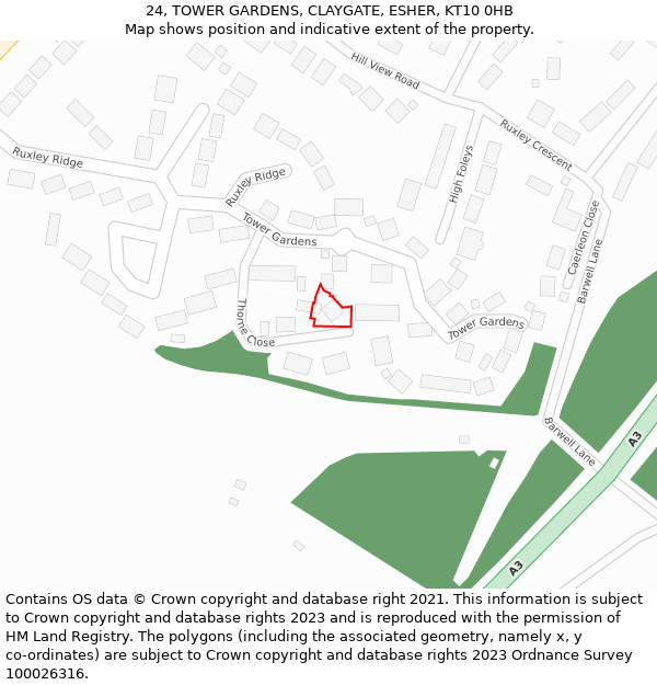 24, TOWER GARDENS, CLAYGATE, ESHER, KT10 0HB: Location map and indicative extent of plot