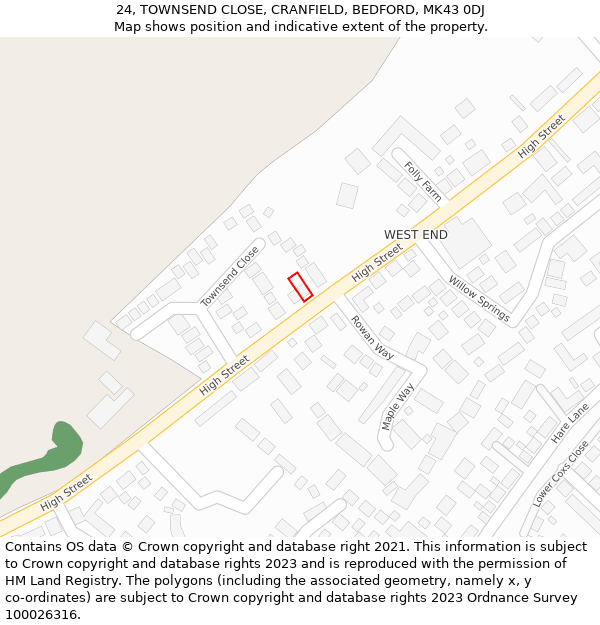 24, TOWNSEND CLOSE, CRANFIELD, BEDFORD, MK43 0DJ: Location map and indicative extent of plot