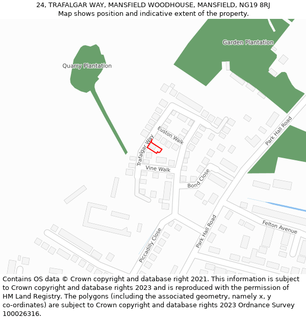 24, TRAFALGAR WAY, MANSFIELD WOODHOUSE, MANSFIELD, NG19 8RJ: Location map and indicative extent of plot