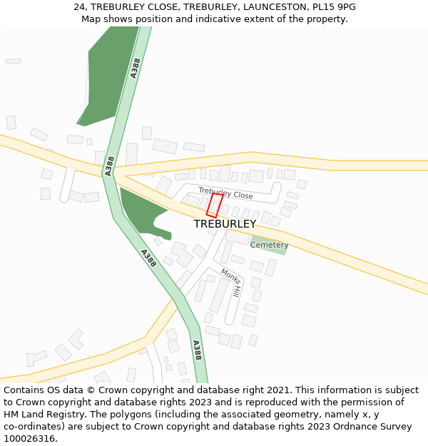 24, TREBURLEY CLOSE, TREBURLEY, LAUNCESTON, PL15 9PG: Location map and indicative extent of plot