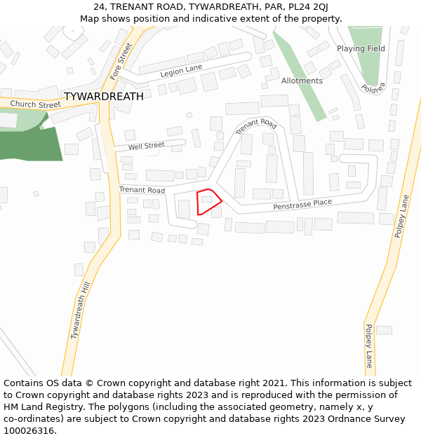 24, TRENANT ROAD, TYWARDREATH, PAR, PL24 2QJ: Location map and indicative extent of plot