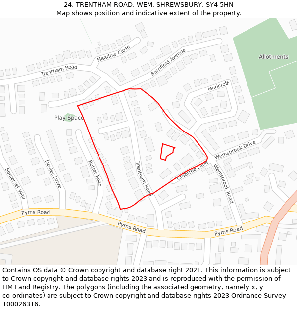 24, TRENTHAM ROAD, WEM, SHREWSBURY, SY4 5HN: Location map and indicative extent of plot