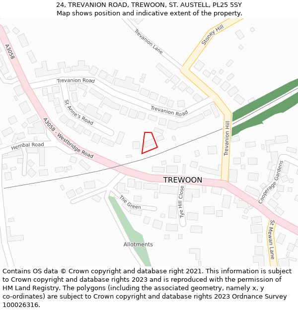 24, TREVANION ROAD, TREWOON, ST. AUSTELL, PL25 5SY: Location map and indicative extent of plot