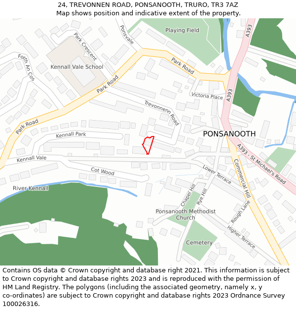 24, TREVONNEN ROAD, PONSANOOTH, TRURO, TR3 7AZ: Location map and indicative extent of plot