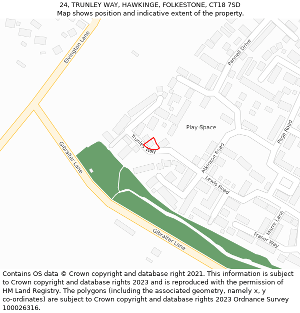 24, TRUNLEY WAY, HAWKINGE, FOLKESTONE, CT18 7SD: Location map and indicative extent of plot