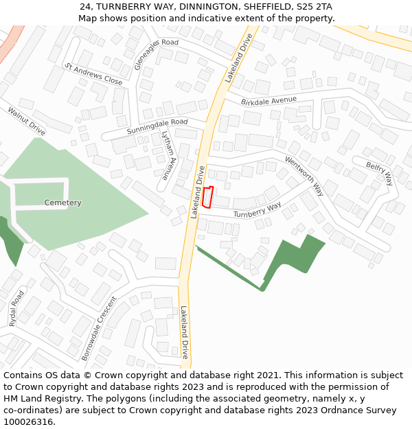 24, TURNBERRY WAY, DINNINGTON, SHEFFIELD, S25 2TA: Location map and indicative extent of plot