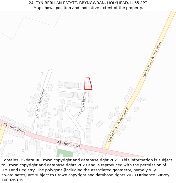 24, TYN BERLLAN ESTATE, BRYNGWRAN, HOLYHEAD, LL65 3PT: Location map and indicative extent of plot