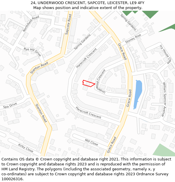 24, UNDERWOOD CRESCENT, SAPCOTE, LEICESTER, LE9 4FY: Location map and indicative extent of plot