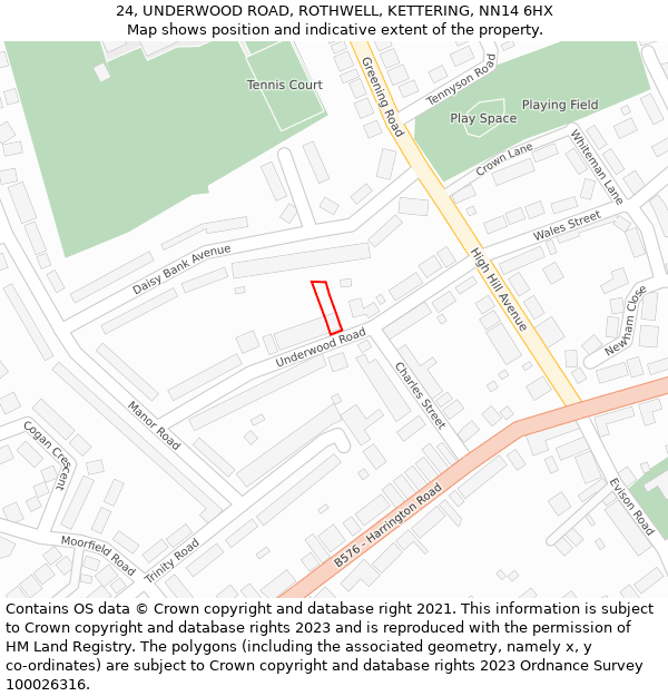 24, UNDERWOOD ROAD, ROTHWELL, KETTERING, NN14 6HX: Location map and indicative extent of plot