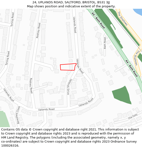 24, UPLANDS ROAD, SALTFORD, BRISTOL, BS31 3JJ: Location map and indicative extent of plot