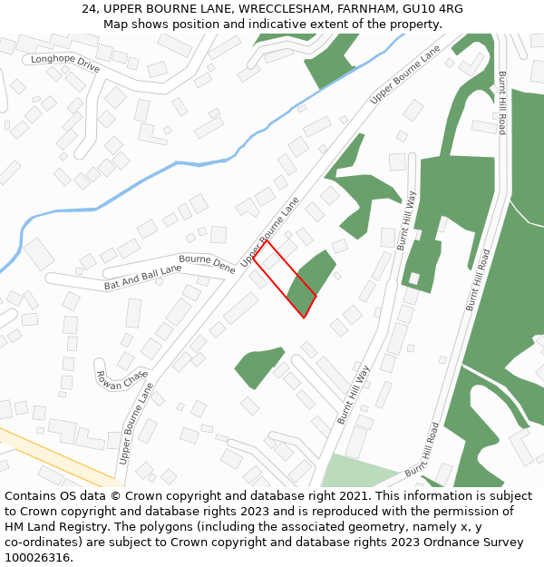 24, UPPER BOURNE LANE, WRECCLESHAM, FARNHAM, GU10 4RG: Location map and indicative extent of plot