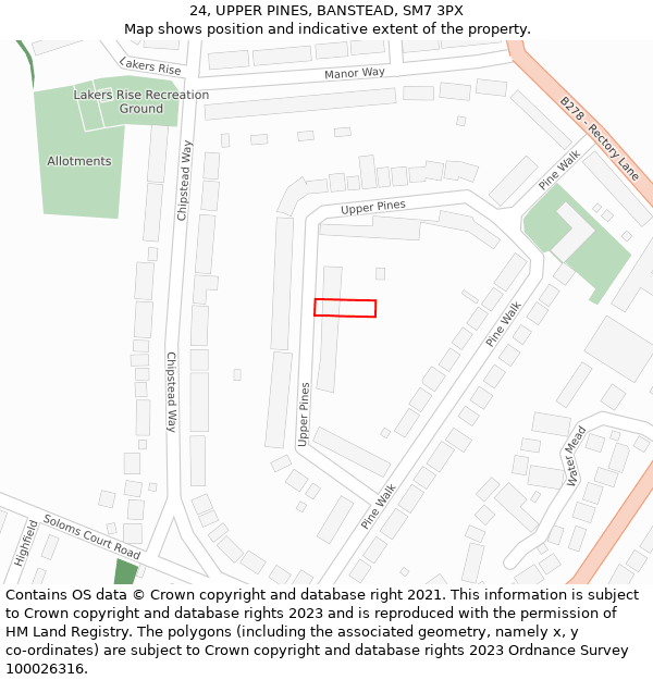 24, UPPER PINES, BANSTEAD, SM7 3PX: Location map and indicative extent of plot