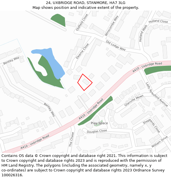 24, UXBRIDGE ROAD, STANMORE, HA7 3LG: Location map and indicative extent of plot