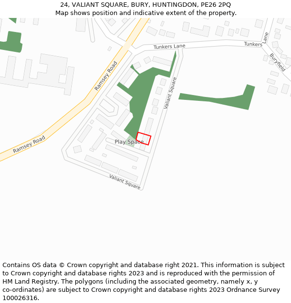 24, VALIANT SQUARE, BURY, HUNTINGDON, PE26 2PQ: Location map and indicative extent of plot