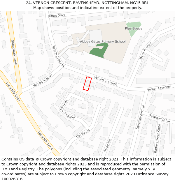 24, VERNON CRESCENT, RAVENSHEAD, NOTTINGHAM, NG15 9BL: Location map and indicative extent of plot