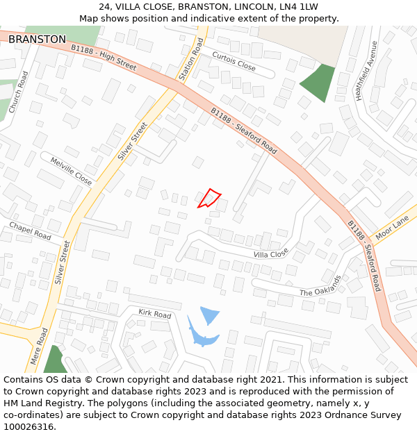 24, VILLA CLOSE, BRANSTON, LINCOLN, LN4 1LW: Location map and indicative extent of plot