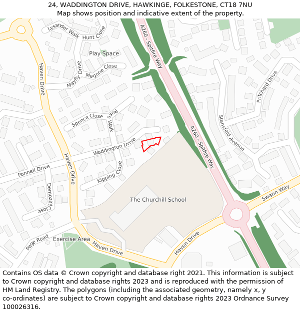 24, WADDINGTON DRIVE, HAWKINGE, FOLKESTONE, CT18 7NU: Location map and indicative extent of plot