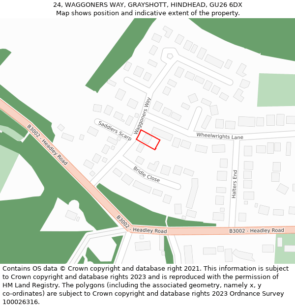 24, WAGGONERS WAY, GRAYSHOTT, HINDHEAD, GU26 6DX: Location map and indicative extent of plot