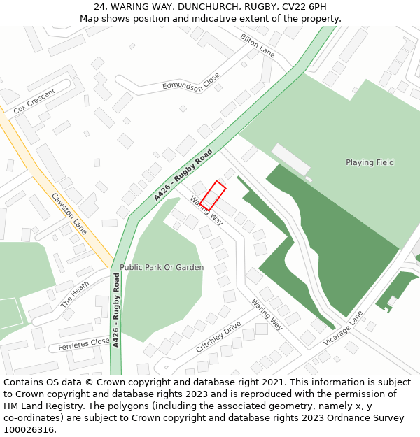 24, WARING WAY, DUNCHURCH, RUGBY, CV22 6PH: Location map and indicative extent of plot