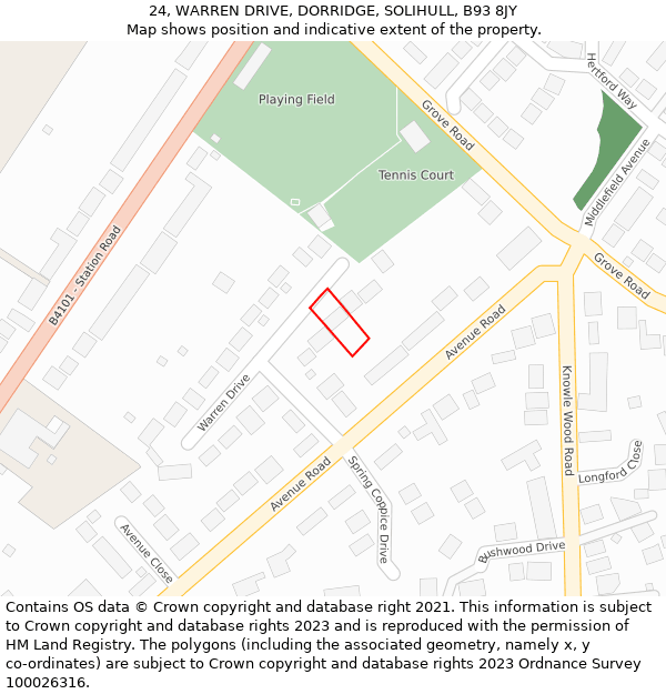 24, WARREN DRIVE, DORRIDGE, SOLIHULL, B93 8JY: Location map and indicative extent of plot