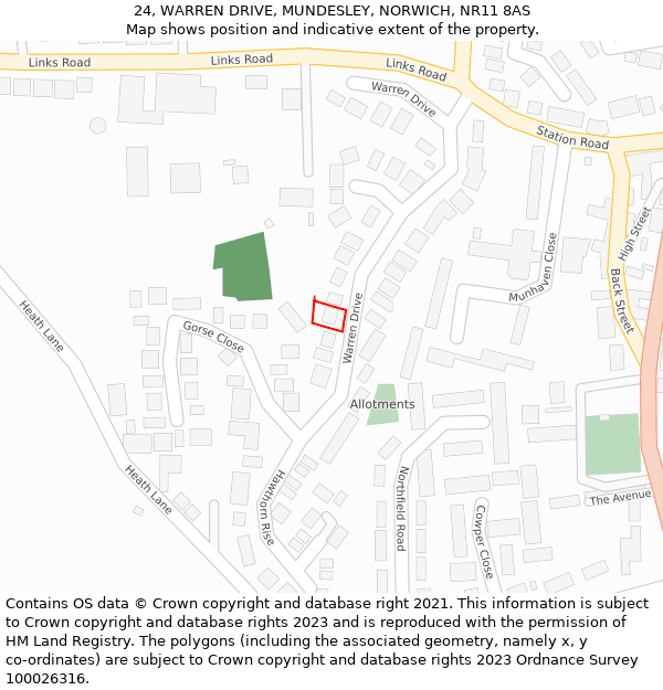 24, WARREN DRIVE, MUNDESLEY, NORWICH, NR11 8AS: Location map and indicative extent of plot