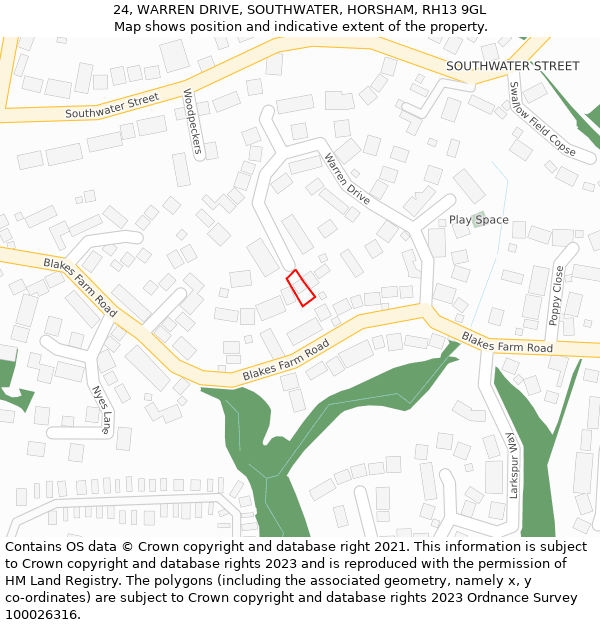 24, WARREN DRIVE, SOUTHWATER, HORSHAM, RH13 9GL: Location map and indicative extent of plot