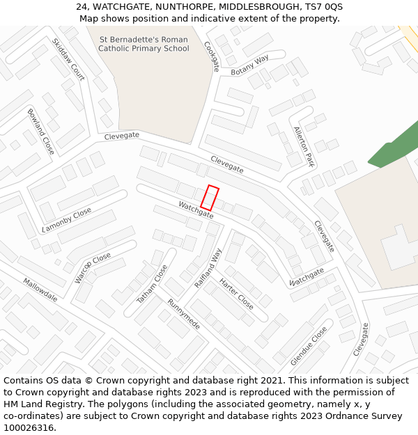 24, WATCHGATE, NUNTHORPE, MIDDLESBROUGH, TS7 0QS: Location map and indicative extent of plot