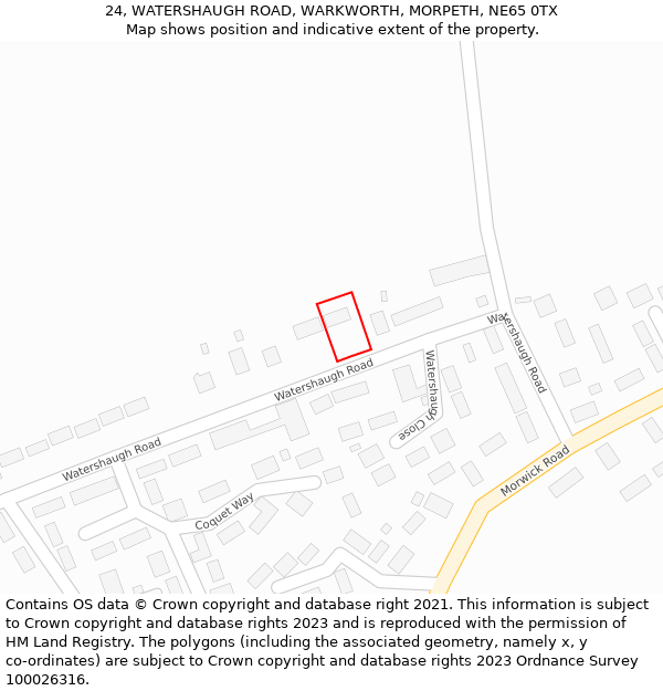 24, WATERSHAUGH ROAD, WARKWORTH, MORPETH, NE65 0TX: Location map and indicative extent of plot