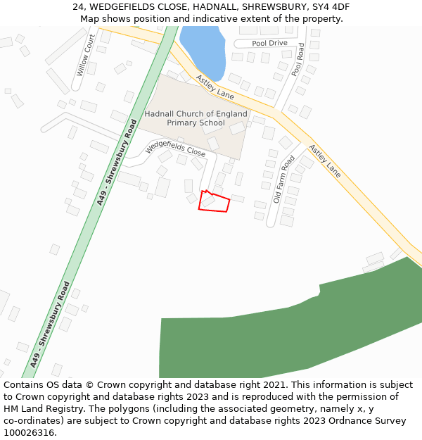 24, WEDGEFIELDS CLOSE, HADNALL, SHREWSBURY, SY4 4DF: Location map and indicative extent of plot