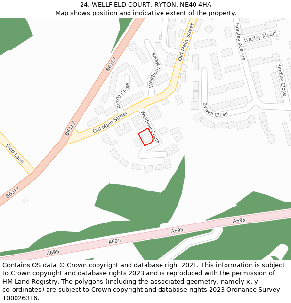 24, WELLFIELD COURT, RYTON, NE40 4HA: Location map and indicative extent of plot