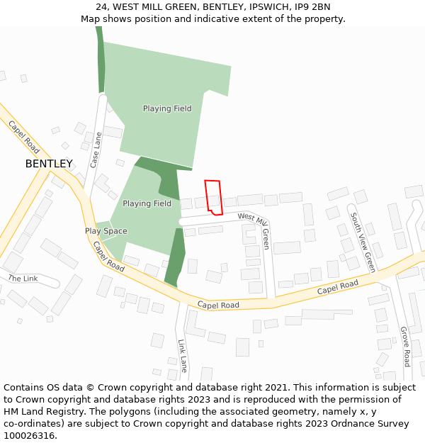 24, WEST MILL GREEN, BENTLEY, IPSWICH, IP9 2BN: Location map and indicative extent of plot