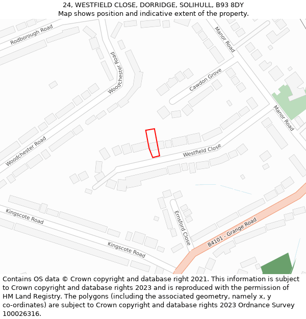 24, WESTFIELD CLOSE, DORRIDGE, SOLIHULL, B93 8DY: Location map and indicative extent of plot