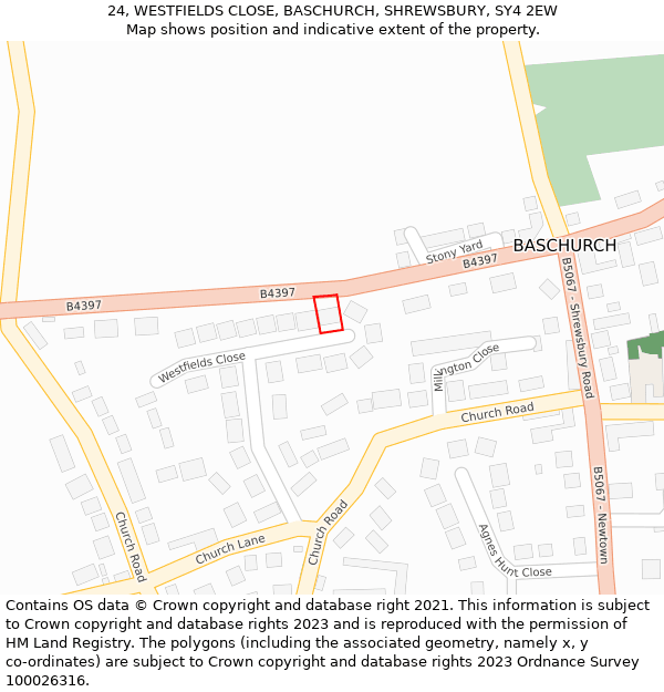 24, WESTFIELDS CLOSE, BASCHURCH, SHREWSBURY, SY4 2EW: Location map and indicative extent of plot