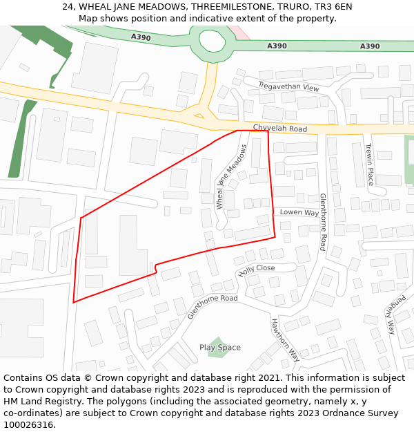 24, WHEAL JANE MEADOWS, THREEMILESTONE, TRURO, TR3 6EN: Location map and indicative extent of plot