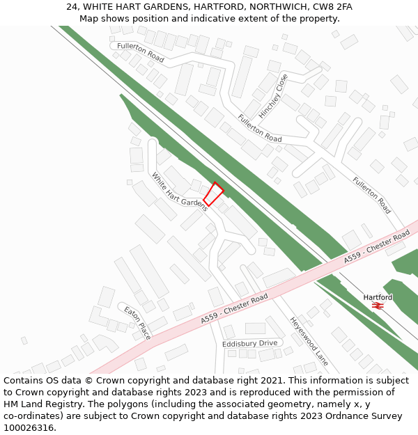 24, WHITE HART GARDENS, HARTFORD, NORTHWICH, CW8 2FA: Location map and indicative extent of plot