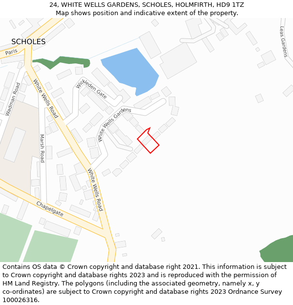 24, WHITE WELLS GARDENS, SCHOLES, HOLMFIRTH, HD9 1TZ: Location map and indicative extent of plot