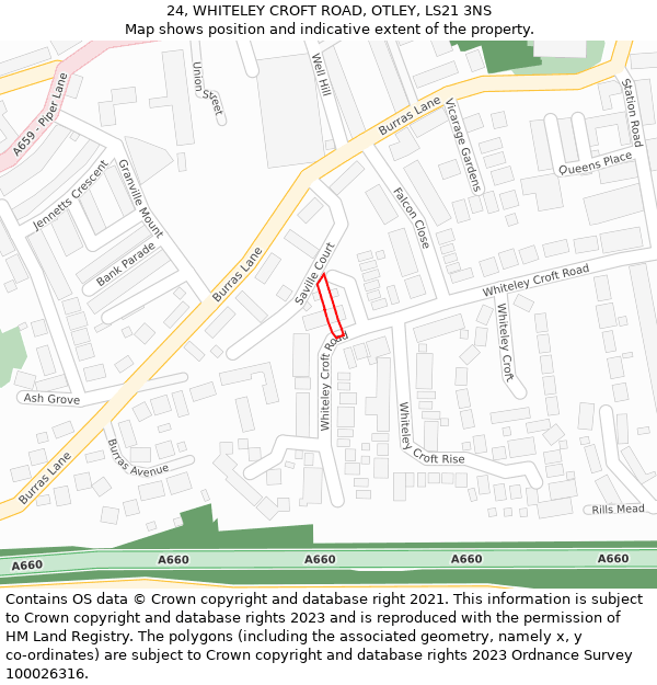 24, WHITELEY CROFT ROAD, OTLEY, LS21 3NS: Location map and indicative extent of plot