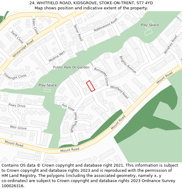 24, WHITFIELD ROAD, KIDSGROVE, STOKE-ON-TRENT, ST7 4YD: Location map and indicative extent of plot