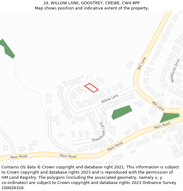24, WILLOW LANE, GOOSTREY, CREWE, CW4 8PP: Location map and indicative extent of plot