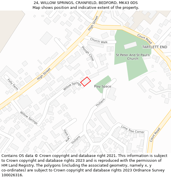 24, WILLOW SPRINGS, CRANFIELD, BEDFORD, MK43 0DS: Location map and indicative extent of plot