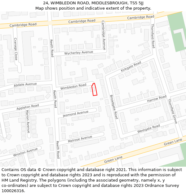 24, WIMBLEDON ROAD, MIDDLESBROUGH, TS5 5JJ: Location map and indicative extent of plot