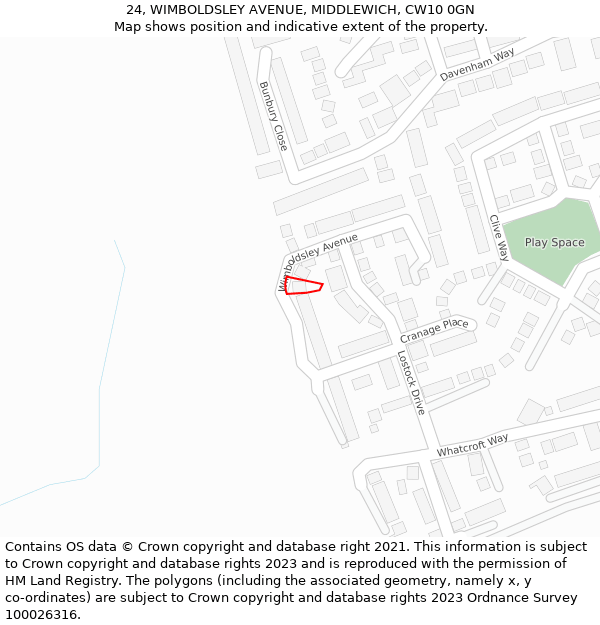 24, WIMBOLDSLEY AVENUE, MIDDLEWICH, CW10 0GN: Location map and indicative extent of plot