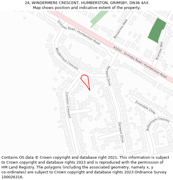 24, WINDERMERE CRESCENT, HUMBERSTON, GRIMSBY, DN36 4AX: Location map and indicative extent of plot